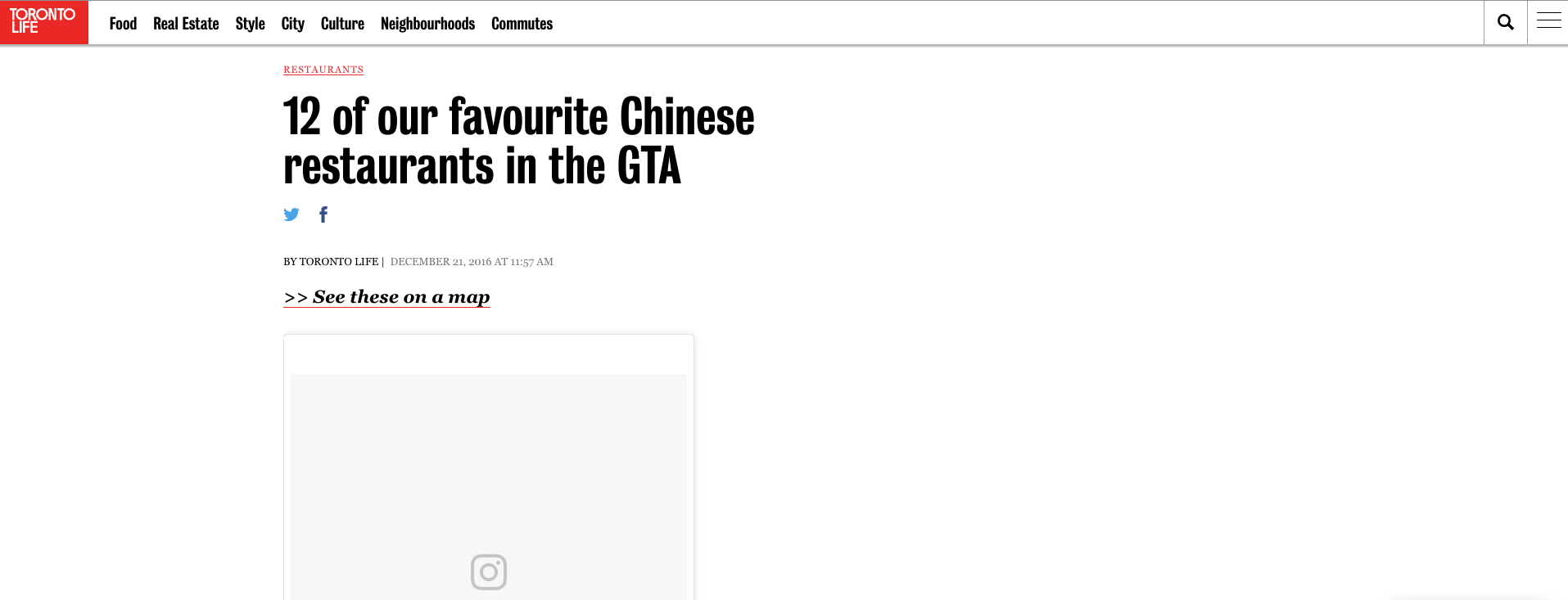 Toronto Life 的 GTA 12 家最受喜愛中餐廳文章頁面
